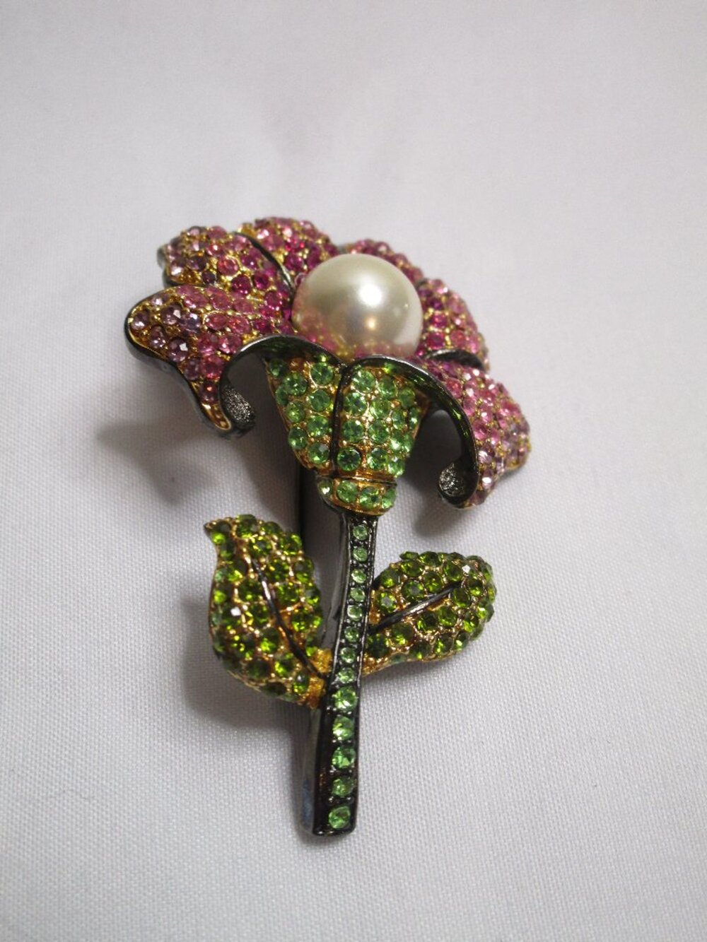 Vintage Joshep Cleary Pink flower brooch, pin Faux Pearl Pave' Rhinestones